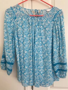 LC Lauren Conrad Turquoise Floral Peasant Blouse